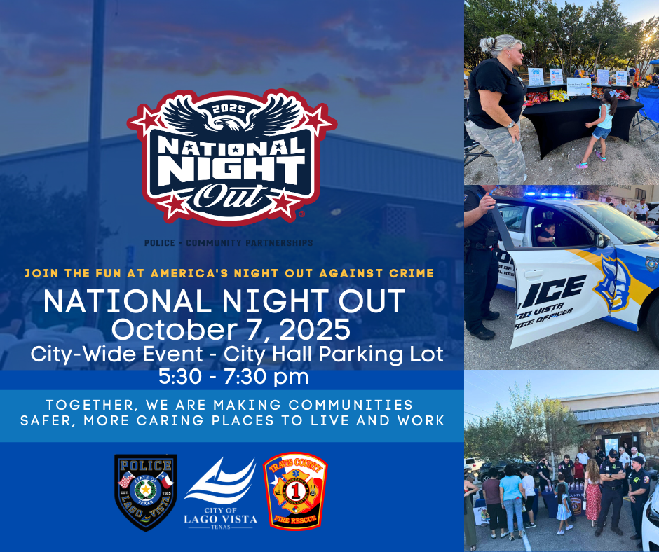 Promotional flyer for National Night Out in Lago Vista, Texas, on October 7, 2025, from 5:30 to 7:30