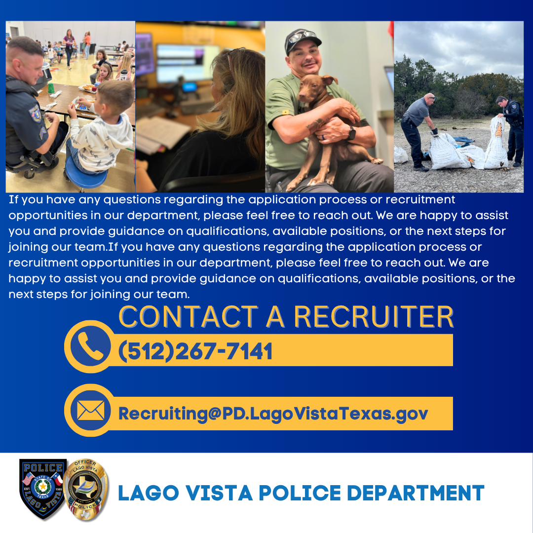 Recruitment flyer for the Lago Vista Police Department featuring photos of officers interacting with